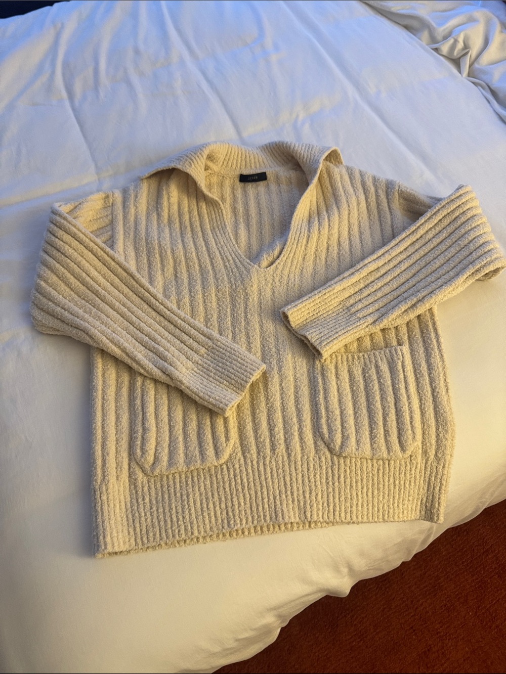 J. Crew Cream Ribbed V-Neck Sweater with Patch Pockets